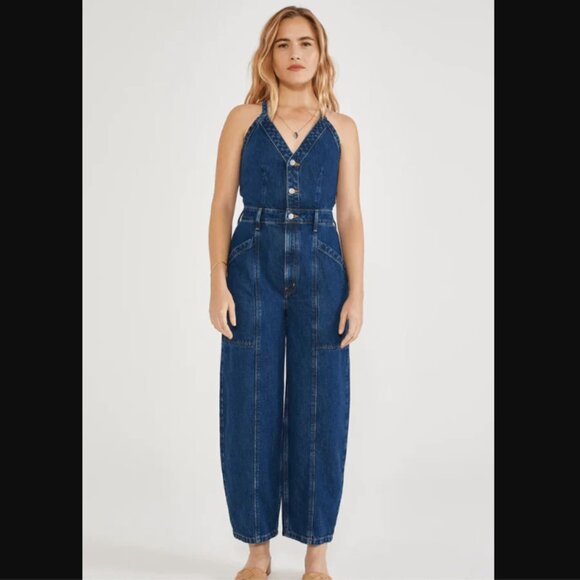 Free people Ética Milou blue denim jumpsuit Medium Midnight Dive - Picture 1 of 7